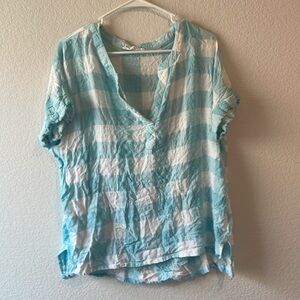 Jane + Delancey blue and white plaid print top Large